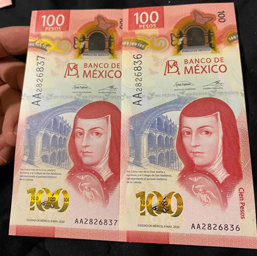 2 Billetes Nuevos De 100 Pesos Serie Aa Consecutivos