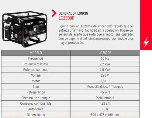 Generador Electrico Bencina Loncin 220v 2200watts Tecnodeliv