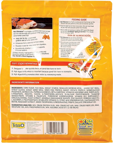Alimento en palos Tetra Pond Koi Vibrance para peces de lagos estanques y fuentes como Carpas Koi y Goldfish en bolsa de 1.43lb