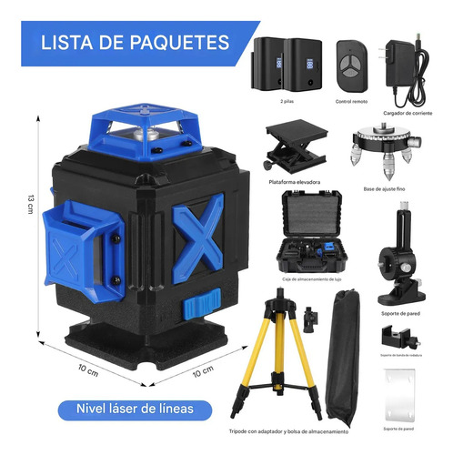 Nivel Láser Autonivelante, 16 Líneas Nivelador Laser De 4D Horizontales Verticales Cruzada 360° con 2 Baterías Y Control Remoto,Base de Elevación y Bolsa Portátil