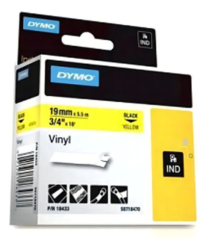 Cinta de vinilo Dymo Rhinopro con letras amarillas y negras de PVC, 19 mm