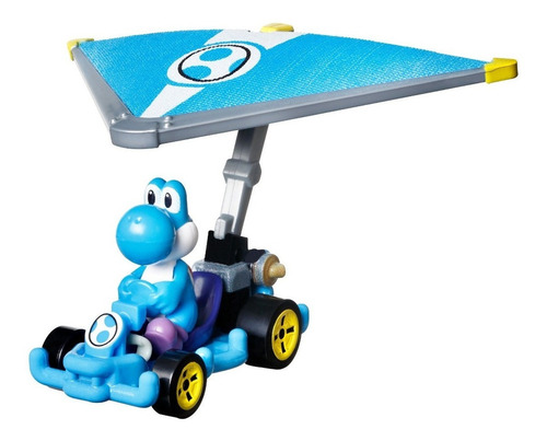 Hot Wheels Mario Kart Vehículo de Juguete Light Blue Yoshi Pipe Frame con Super Glider a escala 1:64 con un accesorio de planeador para niños de 3 años en adelante