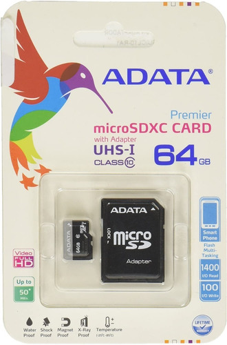Adata Micro Sdhc Premier 64gb C/adap Clase 10 Ausdx64guicl10