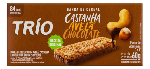 Pack Barra de Cereal Avelã e Castanha Cobertura Chocolate Trío Caixa 60g 3 Unidades