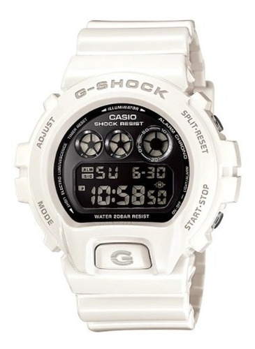 Reloj de pulsera Casio G-Shock DW-6900NB-7 de cuerpo color blanco, digital, fondo negro, con correa de resina color blanco, dial gris, subesferas color gris y negro, minutero/segundero gris, bisel color blanco, luz azul turquesa y hebilla simple