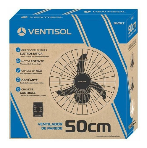 Imagem 4 de 4 de Ventilador de parede Ventisol Comercial preto com 3 pás de plástico, 50 cm de diâmetro 127 V/220 V
