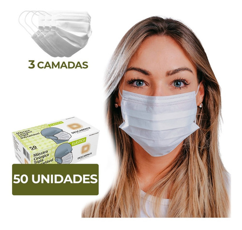 Imagem 1 de 5 de Máscara Descartável Tripla C/ Clipe Nasal Descarpack 50 Unid
