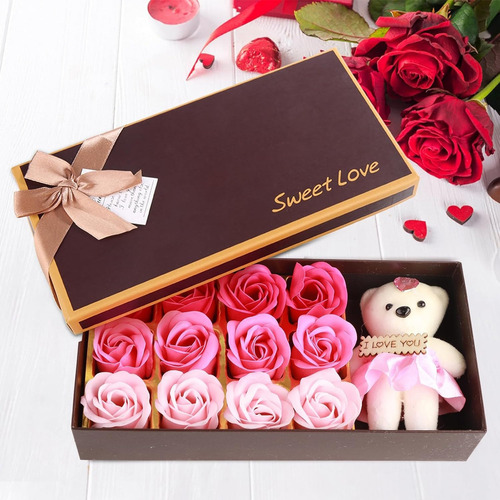 Caja De Para Novia O Mamá Con Oso Y Rosas Aromáticas Color Rosa