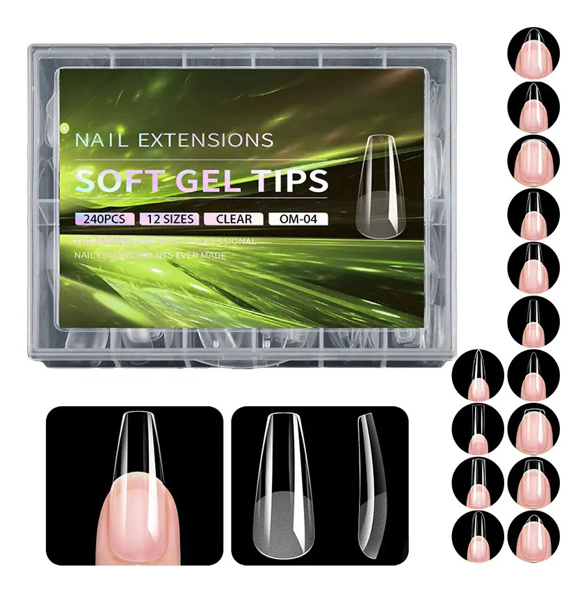 MOEOFUE 240 Tips Soft Gel Full Cover para Uñas Postizas Transparentes Cuadrada cónica, 12 Tamaños Extensiones de Uñas de Gel Acrílico Gel X Press On, Nail Tips Ultradelgadas Manicu