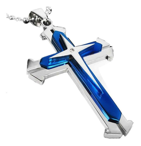Colar Pingente Cruz Crucifixo Azul Aço Inox Cordão 3 Camadas