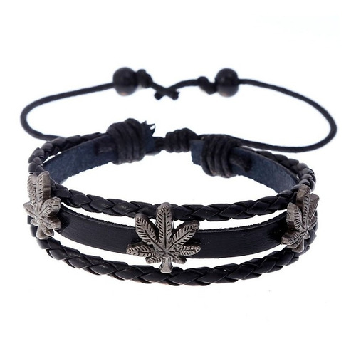 Pulsera Manilla Cuero Negro Importada Hombre Ajustable