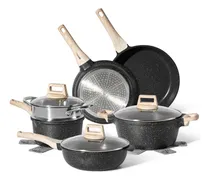 Comprar Bateria De Cocina 9 Piezas Antiadherente De Granito Color Negro Olla Sartén Menaje Cocina Wakeshome
