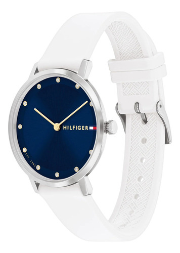 Reloj Tommy Hilfiger Mujer Pippa 1782731 Malla Blanco Bisel Plateado Fondo Azul
