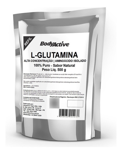 L-glutamina Em Pó 500 G Puro Sabor Natural Refil Bodyactive