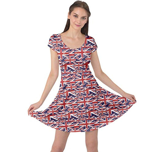 Cowcow Red Pattern Of British Flag Cap Sleeve Dress, Red-s