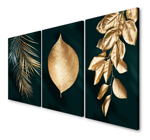 Imagem 1 de 7 de Quadros Decorativos Folhagem Dourado Gold Ouro Sala Luxo