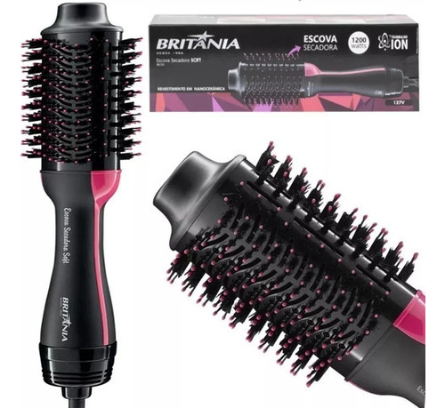 Escova De Cabelo E Secador 2 Em 1 Britânia Soft Bec02 Origin Cor Preto E Rosa 220v