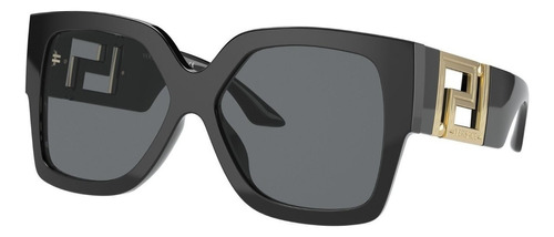 Óculos de sol Versace Greca armação de acetato cor preto, lente cinza-escuro, haste preto/dourado de náilon - VE4402