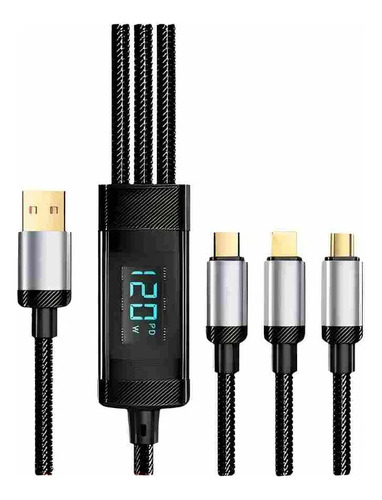 Cabo Carregador Kaidi 120w 3 Em 1 Para iPhone, Tipo-c Ev8 Cor Preto