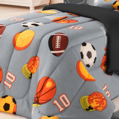Roupa De Cama Edredom Cobre Leito Solteiro Infantil 01 Pç Cor Futebo Cinza