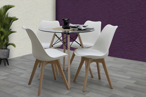Mesa redonda moderna Croswood Eames + 4 cadeiras Capri brancas