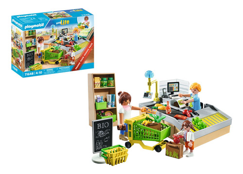 Playmobil Supermercado Ecológico Supermercado Ecológico Con Caja Registradora, Cinta Transportadora, Carrito Y Estante Con Productos. Incluye 3 Figuras Y Accesorios Para Recrear Compras Realistas.