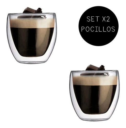 Set X2 Pocillos Cafe Doble Pared Vidrio 250 Ml Sin Asa Chico