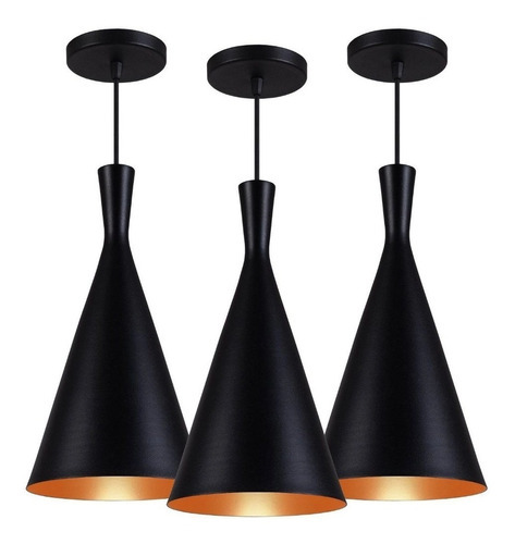 Kit 3 Luminária Tom Dixon Funil Preto Com Cobre Rrjv 110V/220V