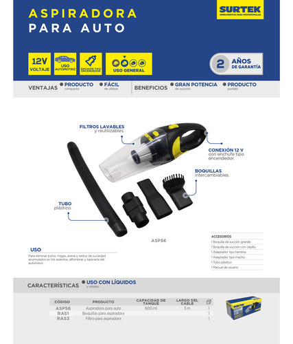 Aspiradora Portátil Para Automóvil 600 Ml, 12 V, Surtek Asp5