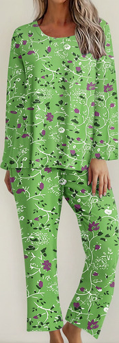 Conjunto De Pijama 3d Para Mujer Con Cuello Redondo Y Manga