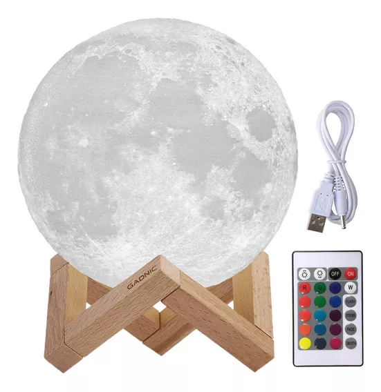 Lampara Luna Llena 3d Velador 16 Colores 13cm Biodegradable Color de la estructura Marrón claro Color de la pantalla Blanco