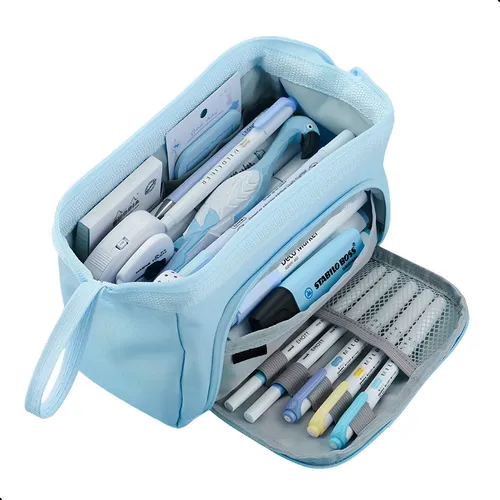 Estojo Escolar Azul Claro Grande Tipo Necessaire 3 Compartimentos...