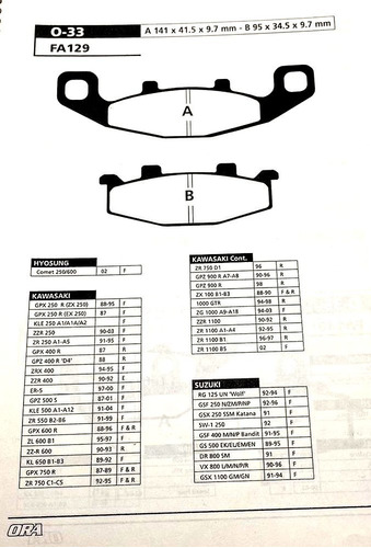 Pastilla Freno Kawasaki Zzr 250 Mod 90-03 Trasera Ora Ourway