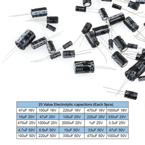 Condensadores electrol/íticos Dekaim 125pcs 1uF ~ 2200uF 25 valores Juego de surtido de condensadores electrol/íticos