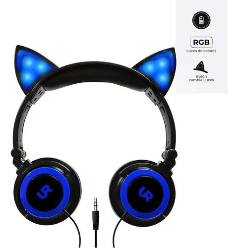 comprar Audifonos Orejas De Gato Urbano Cat Luces Led Alambrico Color Azul