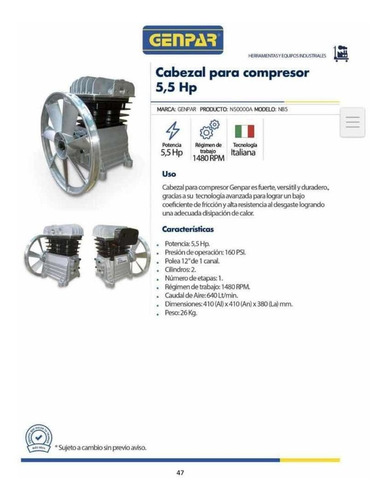 Cabezal De Compresor 5,5 Hp Fini Italiano Función En L.