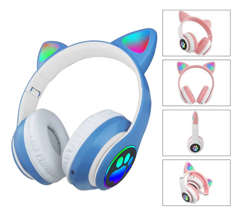 Audifono Bluetooth Oreja Gato Con Luz Led Azul