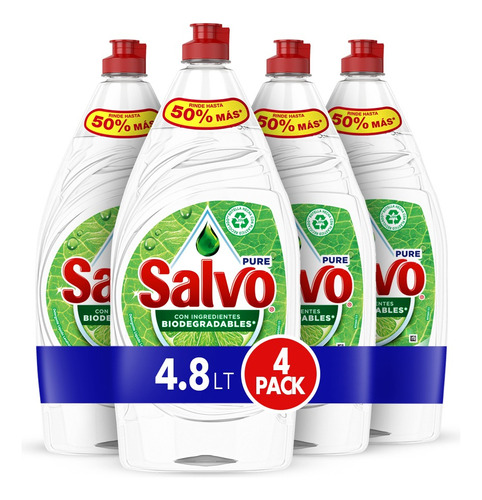 Pack X4 Botellas De Lavatrastes Líquido Salvo Pure 1.2 L C/u