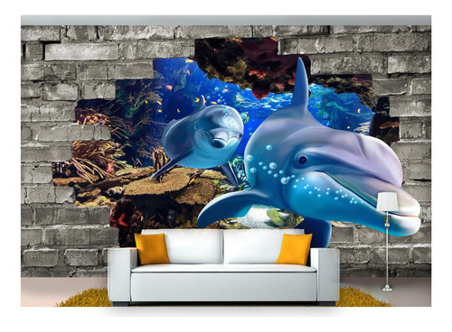 Papel De Parede Animais Golfinho Corais 3d Anm277