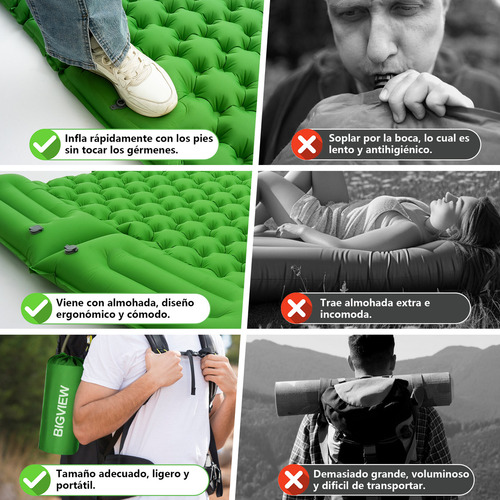 Colchoneta Inflable Matrimonial Camping Mat Inflable Acampar Color Verde Bigview Tapones Para Los Oídos y Máscaras Para Los Ojos Con Aislamiento De Ruido Gratuitos