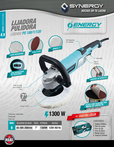 Pulidora Lijadora De 7 Pulg 1300w Y 3000 Rpm Energy