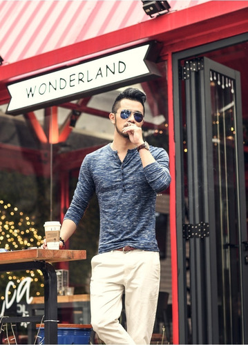 Camisa Masculina Henley Manga Longa M - Azul