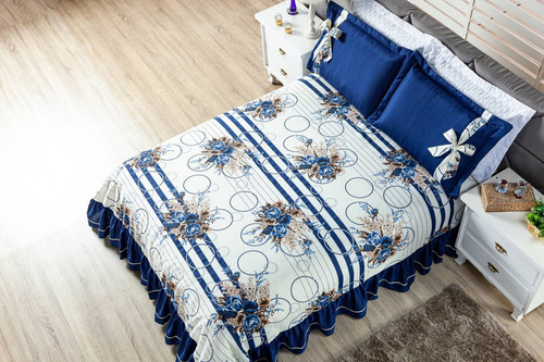 Kit Cobre Leito Casal Padrão Com Babado E Laço 3 Peças Cor Azul Floral