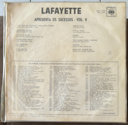 Lp Lafayette - Os Sucessos Vol. V - Raro! 1968 - Cbs Records (Usado)