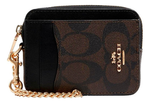 Monedero Coach Zip Card Case Color Marrón Oscuro De Cuero - 8cm X 10.8cm X 2.3cm