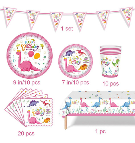 Vajilla De Fiesta De Dinosaurio Rosa Para 10 Personas