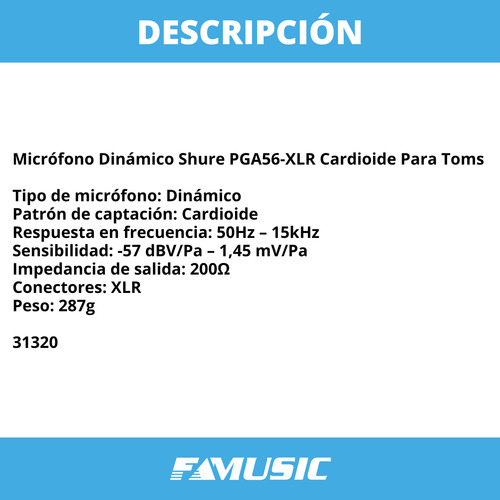 Imagen 2 de 11 de Micrófono Dinámico Shure Pga56-xlr Cardioide Para Toms Prm