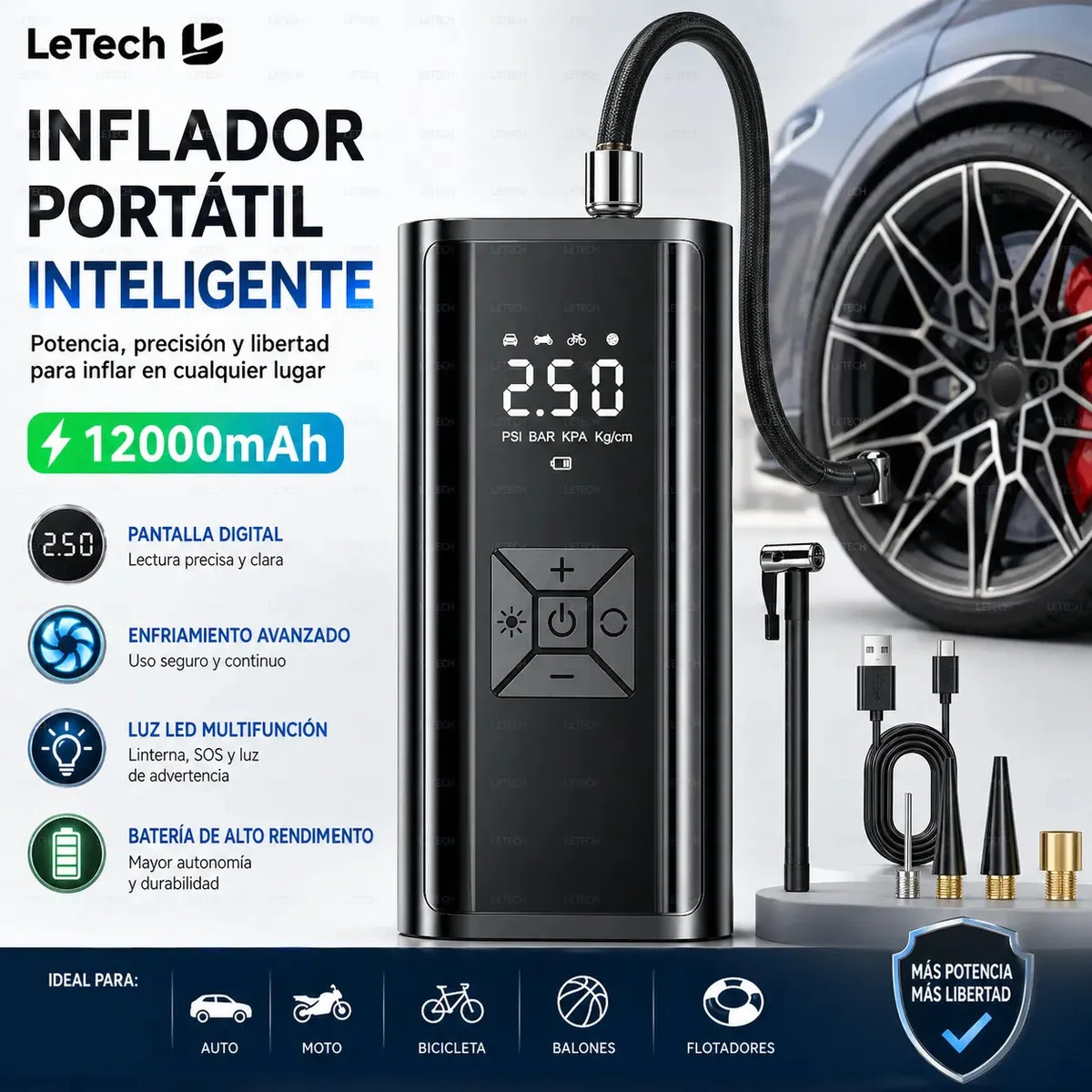 LETECH Compresor de Aire Eléctrico Portátil, Inflador de Llantas Inalámbrico de Alta Potencia 150 Psi y 120w, Batería Recargable Portátil 12000mah Power Bank, Para Auto, Motociclet