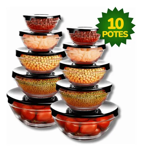 Duas pilhas de cinco potes de vidro redondos cada, totalizando 10 unidades com tampas pretas e selo verde indicando 10 potes.