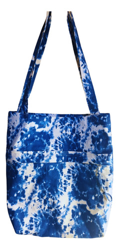 Bolso De Tela Gabardina Azul / Blanco Con Bolsillo 42x38cm Azul Acero Bolsa Con Bolsillo